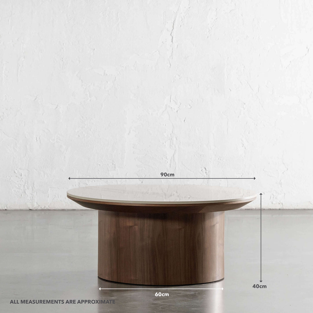 TREVELO COFFEE  |  DEEP WALNUT WOOD GRAIN  |  CARRARA BIANCO CERAMICA TOP | MEASUREMENTS