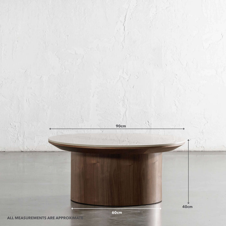 TREVELO COFFEE  |  DEEP WALNUT WOOD GRAIN  |  CARRARA BIANCO CERAMICA TOP | MEASUREMENTS