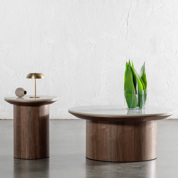 TREVELO COFFEE + SIDE TABLE BUNDLE X2  |  DEEP WALNUT WOOD GRAIN  |  CARRARA BIANCO CERAMICA TOP