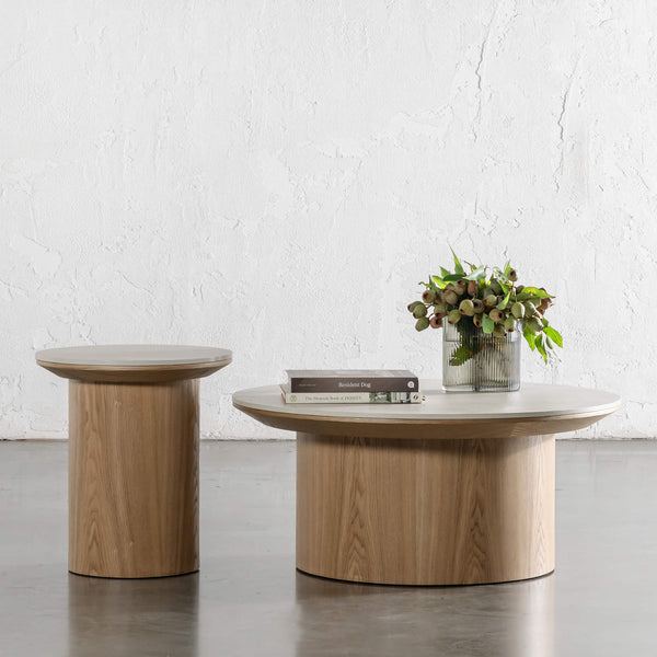 TREVELO COFFEE + SIDE TABLE BUNDLE X2  |  BIRCH ASH WOOD GRAIN  |  TRAVERTINE TUMBLED BEIGE CERAMICA TOP