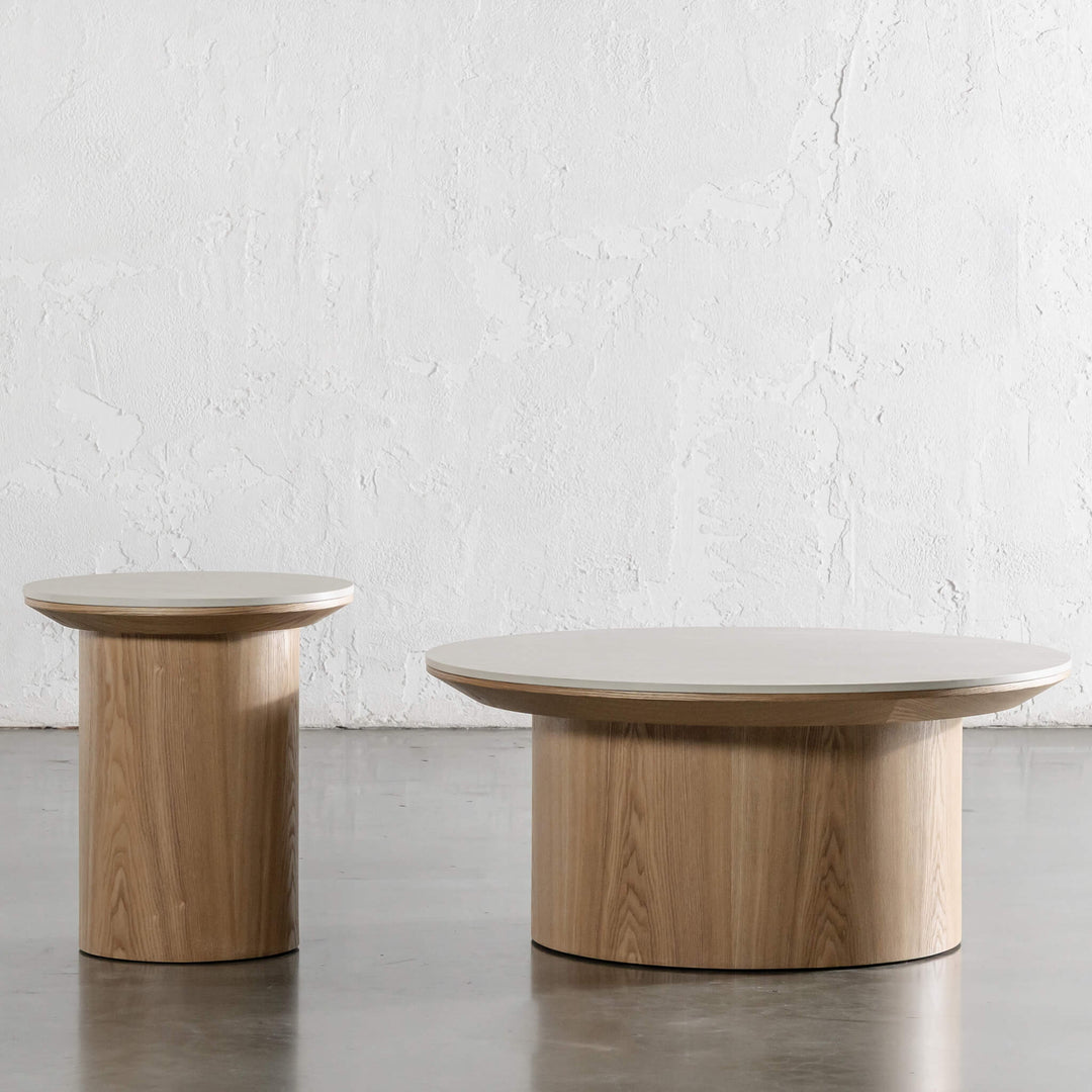 TREVELO COFFEE + SIDE TABLE BUNDLE X2  |  BIRCH ASH WOOD GRAIN  |  TRAVERTINE TUMBLED BEIGE CERAMICA TOP