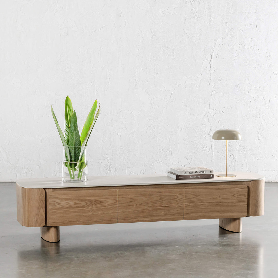 TREVELO ENTERTAINMENT UNIT  |  BIRCH ASH WOOD GRAIN  |  TRAVERTINE TUMBLED BEIGE CERAMICA TOP
