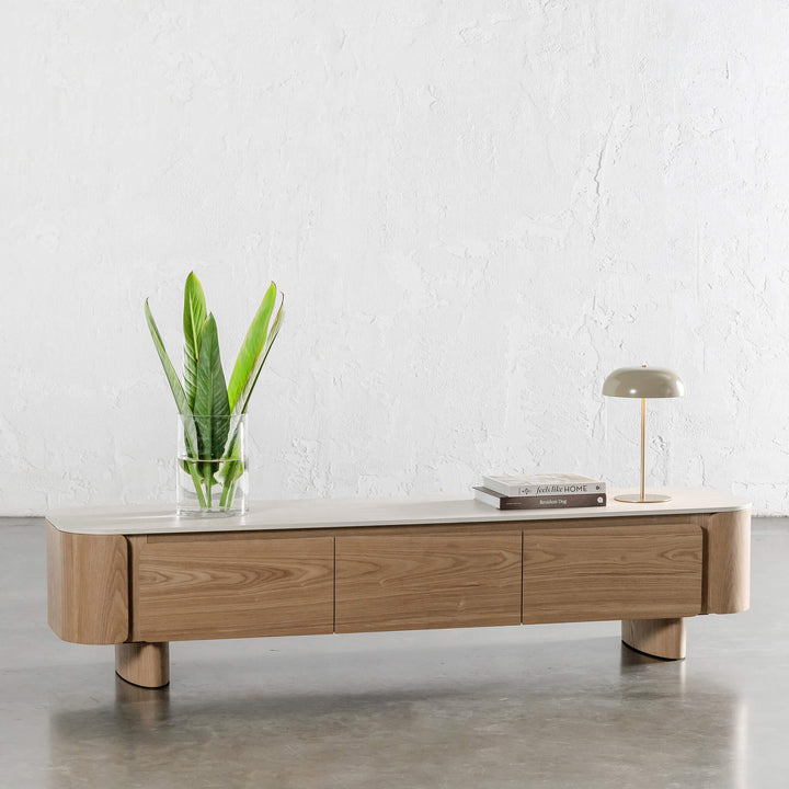 TREVELO ENTERTAINMENT UNIT  |  BIRCH ASH WOOD GRAIN  |  TRAVERTINE TUMBLED BEIGE CERAMICA TOP