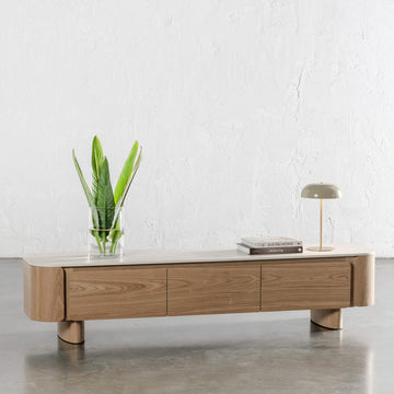 TREVELO ENTERTAINMENT UNIT  |  BIRCH ASH WOOD GRAIN  |  TRAVERTINE TUMBLED BEIGE CERAMICA TOP