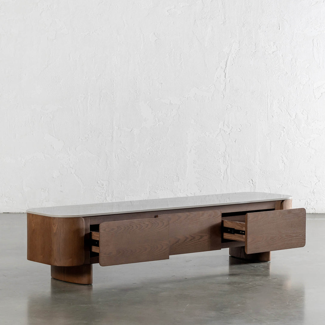 TREVELO ENTERTAINMENT UNIT  |  DEEP WALNUT WOOD GRAIN  |  VALENTINA GRIGIO CERAMICA TOP