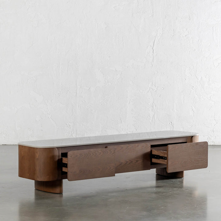 TREVELO ENTERTAINMENT UNIT  |  DEEP WALNUT WOOD GRAIN  |  VALENTINA GRIGIO CERAMICA TOP