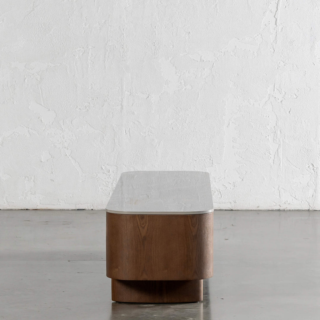 TREVELO ENTERTAINMENT UNIT  |  DEEP WALNUT WOOD GRAIN  |  VALENTINA GRIGIO CERAMICA TOP