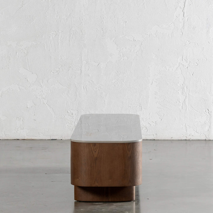 TREVELO ENTERTAINMENT UNIT  |  DEEP WALNUT WOOD GRAIN  |  VALENTINA GRIGIO CERAMICA TOP