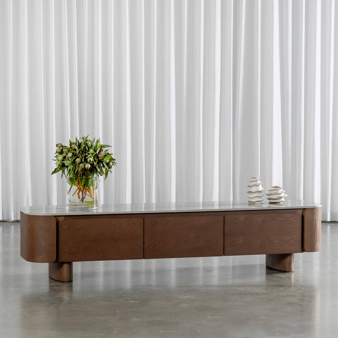 TREVELO ENTERTAINMENT UNIT  |  DEEP WALNUT WOOD GRAIN  |  VALENTINA GRIGIO CERAMICA TOP