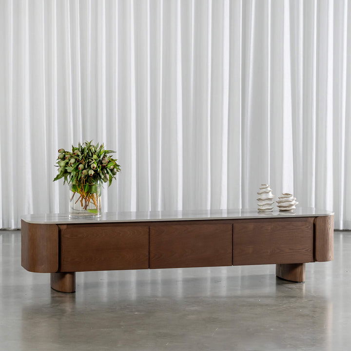 TREVELO ENTERTAINMENT UNIT  |  DEEP WALNUT WOOD GRAIN  |  VALENTINA GRIGIO CERAMICA TOP
