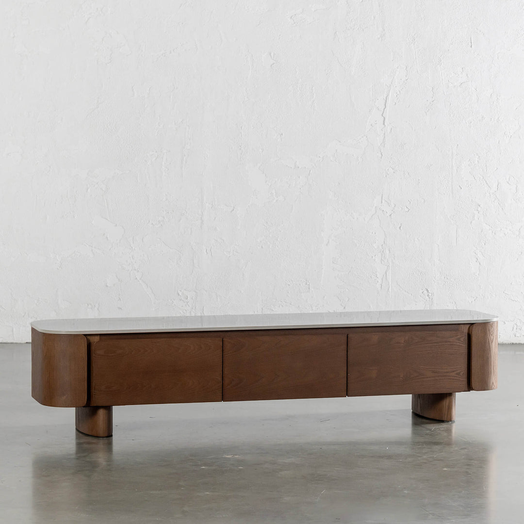 TREVELO ENTERTAINMENT UNIT  |  DEEP WALNUT WOOD GRAIN  |  VALENTINA GRIGIO CERAMICA TOP