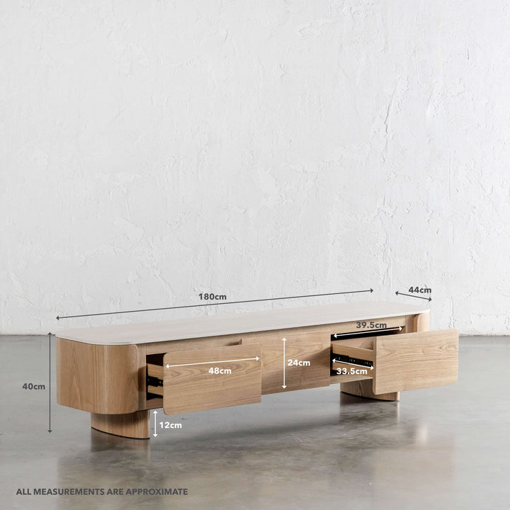 TREVELO ENTERTAINMENT UNIT  |  BIRCH ASH WOOD GRAIN  |  TRAVERTINE TUMBLED BEIGE CERAMICA TOP | MEASUREMENTS