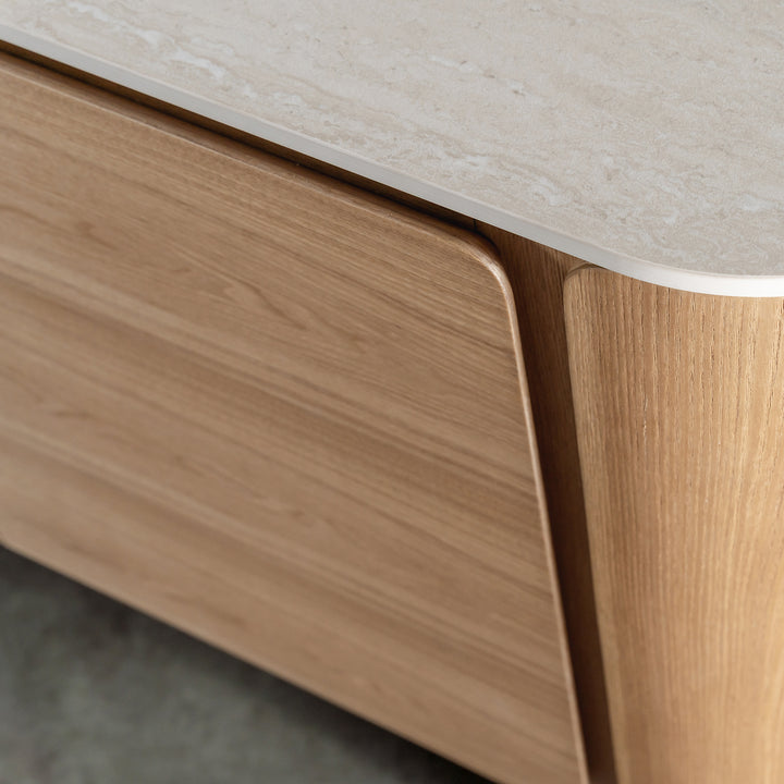 TREVELO ENTERTAINMENT UNIT  |  BIRCH ASH WOOD GRAIN  |  TRAVERTINE TUMBLED BEIGE CERAMICA TOP