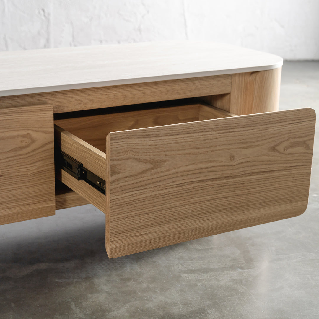 TREVELO ENTERTAINMENT UNIT  |  BIRCH ASH WOOD GRAIN  |  TRAVERTINE TUMBLED BEIGE CERAMICA TOP