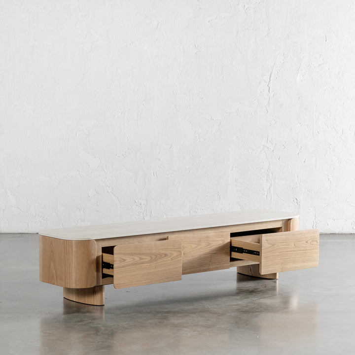 TREVELO ENTERTAINMENT UNIT  |  BIRCH ASH WOOD GRAIN  |  TRAVERTINE TUMBLED BEIGE CERAMICA TOP