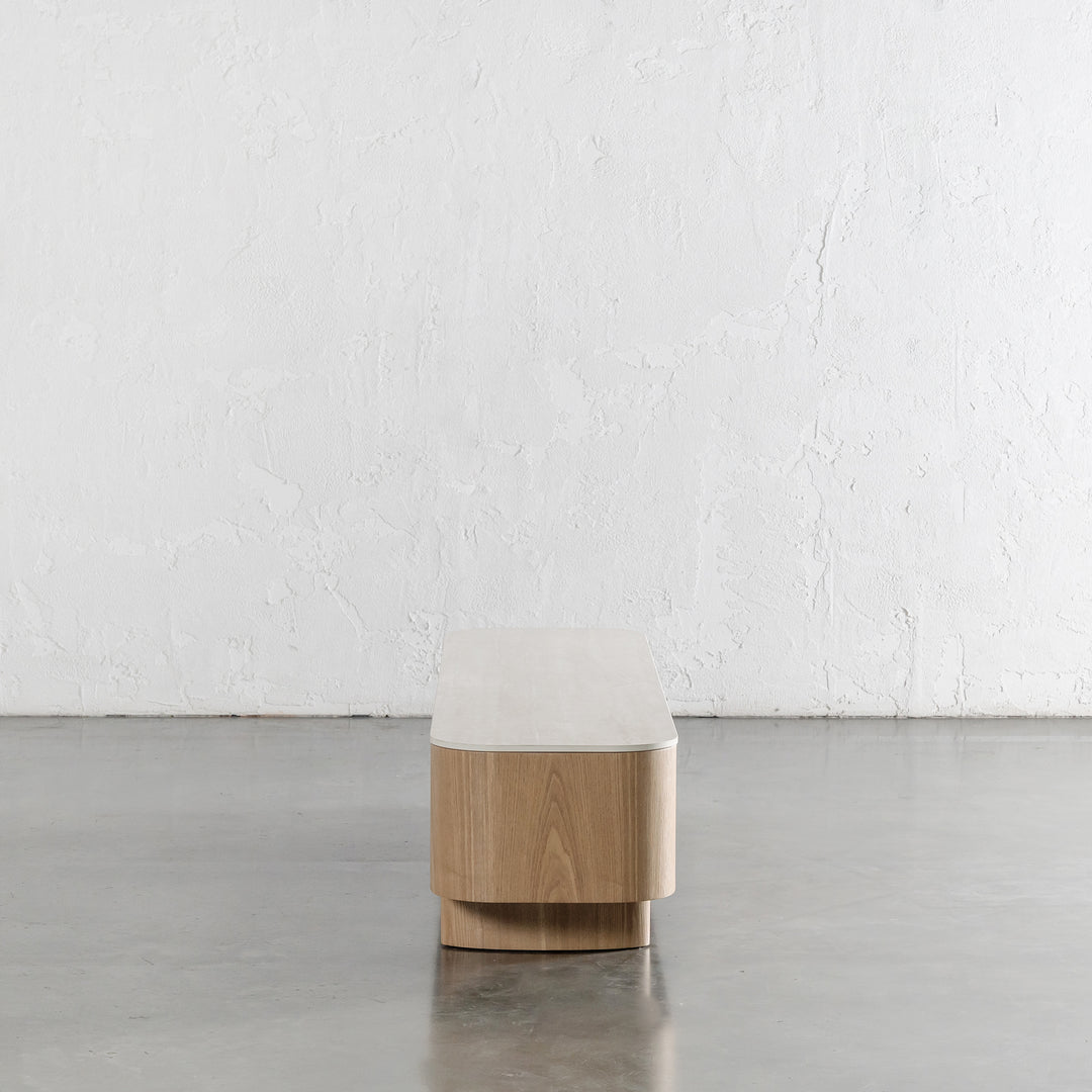 TREVELO ENTERTAINMENT UNIT  |  BIRCH ASH WOOD GRAIN  |  TRAVERTINE TUMBLED BEIGE CERAMICA TOP