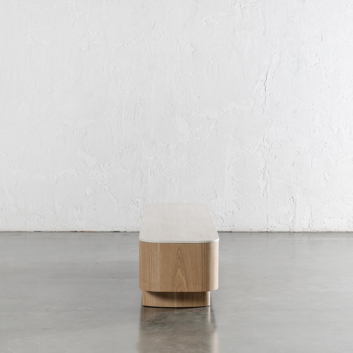 TREVELO ENTERTAINMENT UNIT  |  BIRCH ASH WOOD GRAIN  |  TRAVERTINE TUMBLED BEIGE CERAMICA TOP