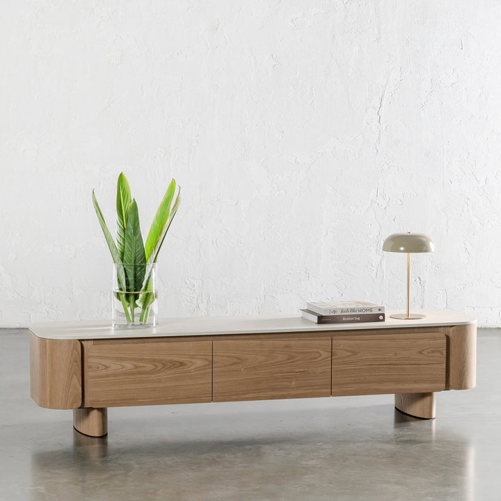 TREVELO ENTERTAINMENT UNIT  |  BIRCH ASH WOOD GRAIN  |  TRAVERTINE TUMBLED BEIGE CERAMICA TOP