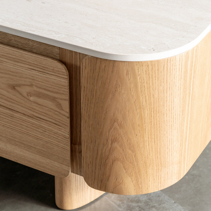 TREVELO ENTERTAINMENT UNIT  |  BIRCH ASH WOOD GRAIN  |  TRAVERTINE TUMBLED BEIGE CERAMICA TOP
