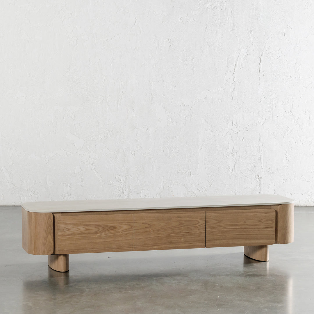 TREVELO ENTERTAINMENT UNIT  |  BIRCH ASH WOOD GRAIN  |  TRAVERTINE TUMBLED BEIGE CERAMICA TOP
