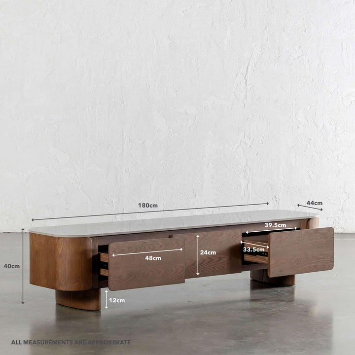 TREVELO ENTERTAINMENT UNIT  |  DEEP WALNUT WOOD GRAIN  |  VALENTINA GRIGIO CERAMICA TOP | MEASUREMENTS