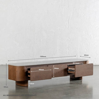 TREVELO ENTERTAINMENT UNIT | WALNUT WOOD GRAIN | VALENTINA GRIGIO CERAMICA TOP | MEASUREMENTS