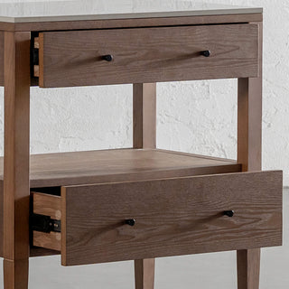 TREVELO PERNEL CONRAD NIGHT STAND  |  DEEP WALNUT  |  VALENTINA GRIGIO CERAMICA TOP | DRAWERS OPEN CLOSEUP