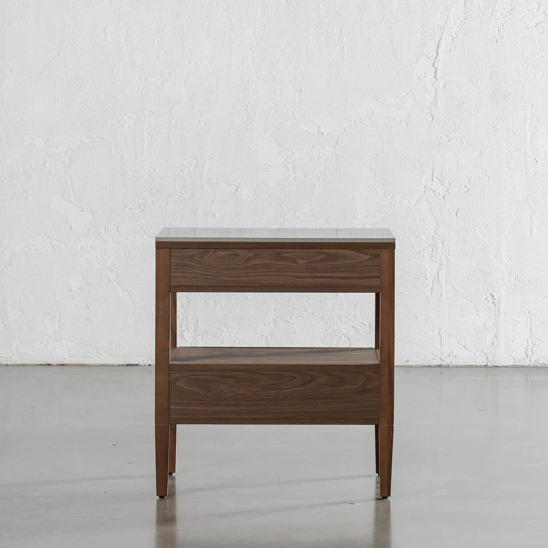 TREVELO PERNEL CONRAD NIGHT STAND  |  DEEP WALNUT WOOD GRAIN  |  VALENTINA GRIGIO CERAMICA TOP
