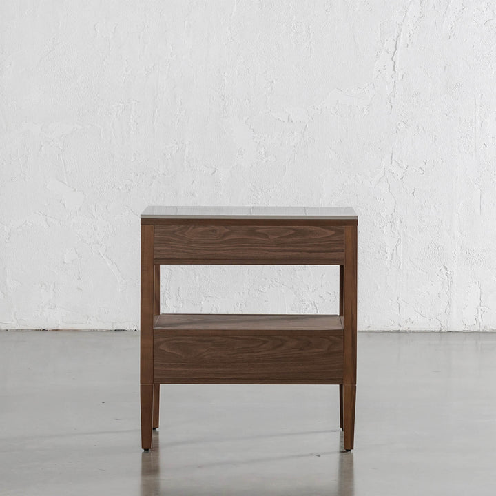 TREVELO PERNEL CONRAD NIGHT STAND  |  DEEP WALNUT WOOD GRAIN  |  VALENTINA GRIGIO CERAMICA TOP