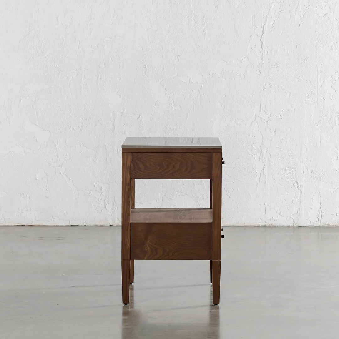 TREVELO PERNEL CONRAD NIGHT STAND  |  DEEP WALNUT WOOD GRAIN  |  VALENTINA GRIGIO CERAMICA TOP