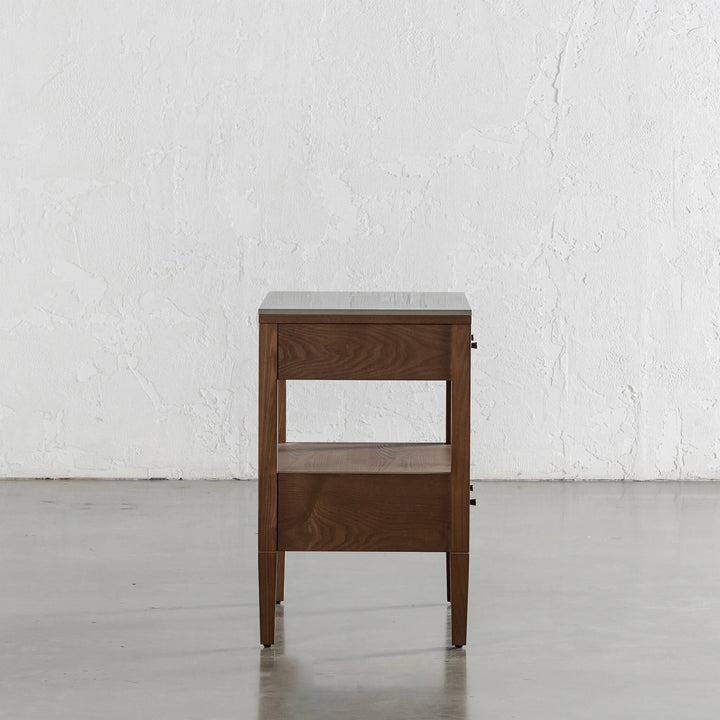 TREVELO PERNEL CONRAD NIGHT STAND  |  DEEP WALNUT WOOD GRAIN  |  VALENTINA GRIGIO CERAMICA TOP