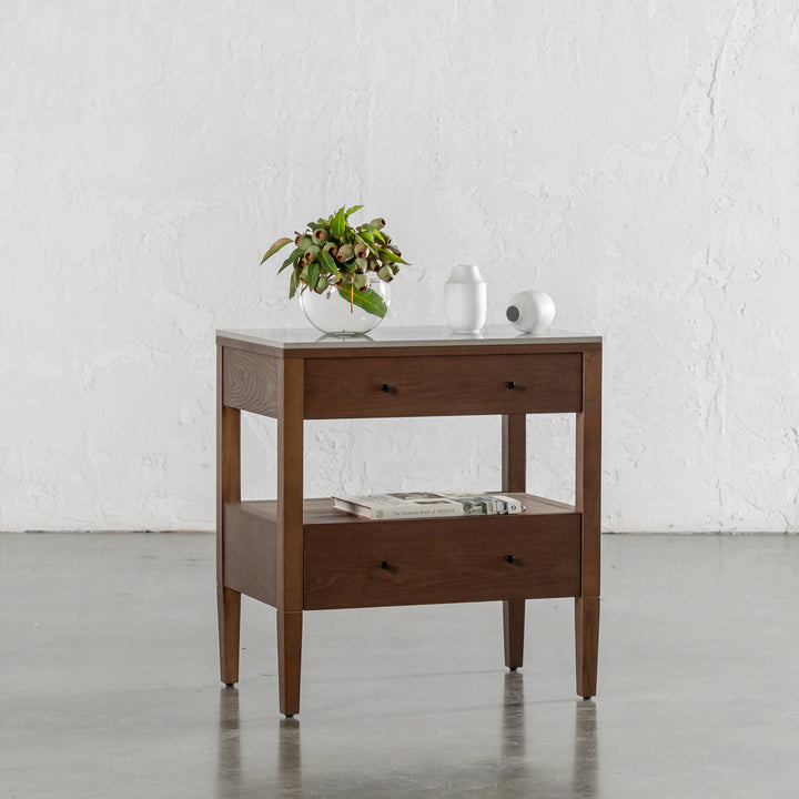 TREVELO PERNEL CONRAD NIGHT STAND  |  DEEP WALNUT WOOD GRAIN  |  VALENTINA GRIGIO CERAMICA TOP