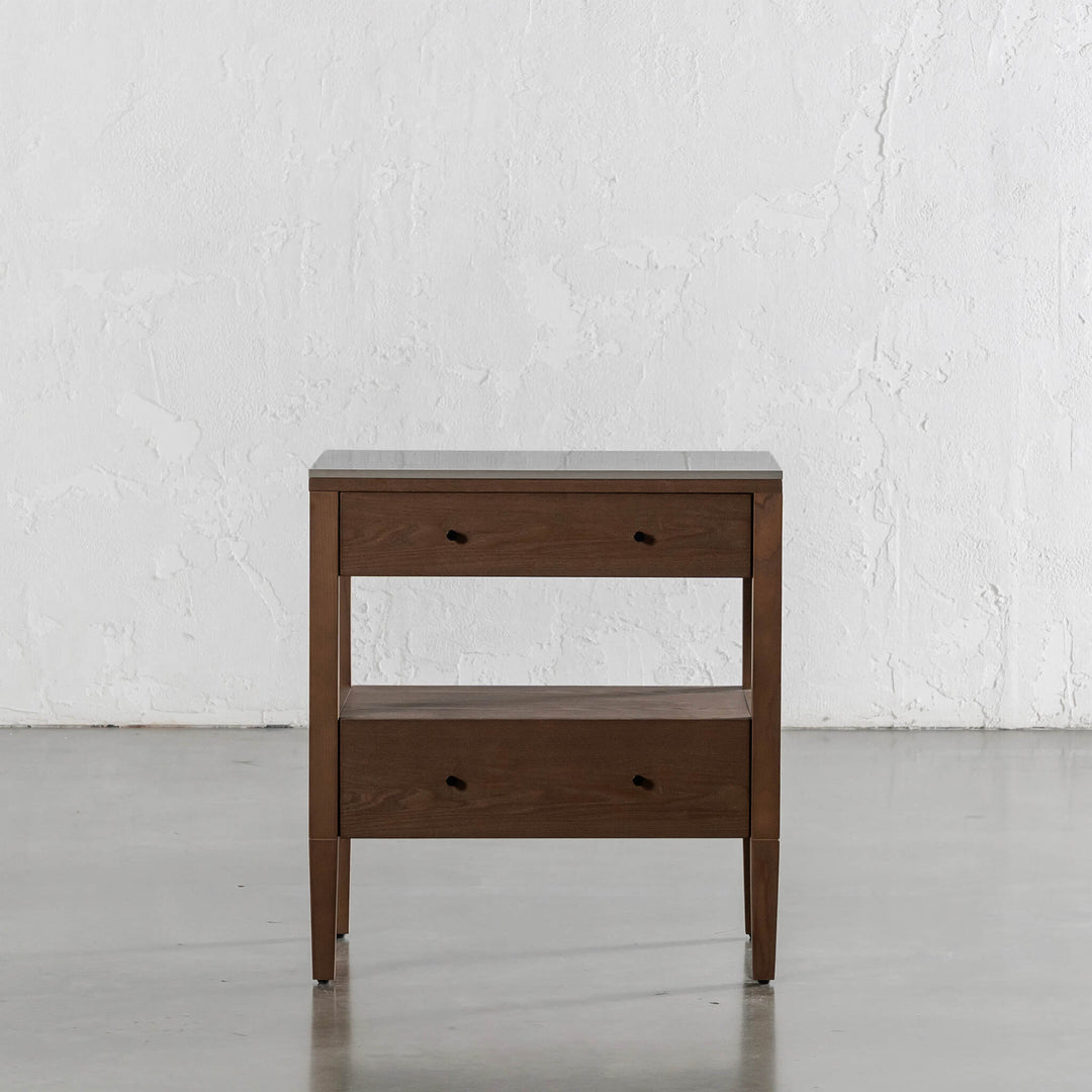 TREVELO PERNEL CONRAD NIGHT STAND  |  DEEP WALNUT WOOD GRAIN  |  VALENTINA GRIGIO CERAMICA TOP