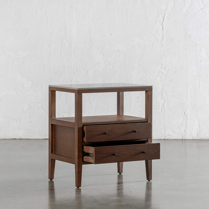 TREVELO PERNEL CONRAD NIGHT STAND  |  DEEP WALNUT WOOD GRAIN  |  VALENTINA GRIGIO CERAMICA TOP