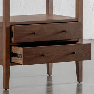 TREVELO PERNEL JARDIN NIGHT STAND  |  DEEP WALNUT  |  VALENTINA GRIGIO CERAMICA TOP | DRAWERS OPEN CLOSEUP
