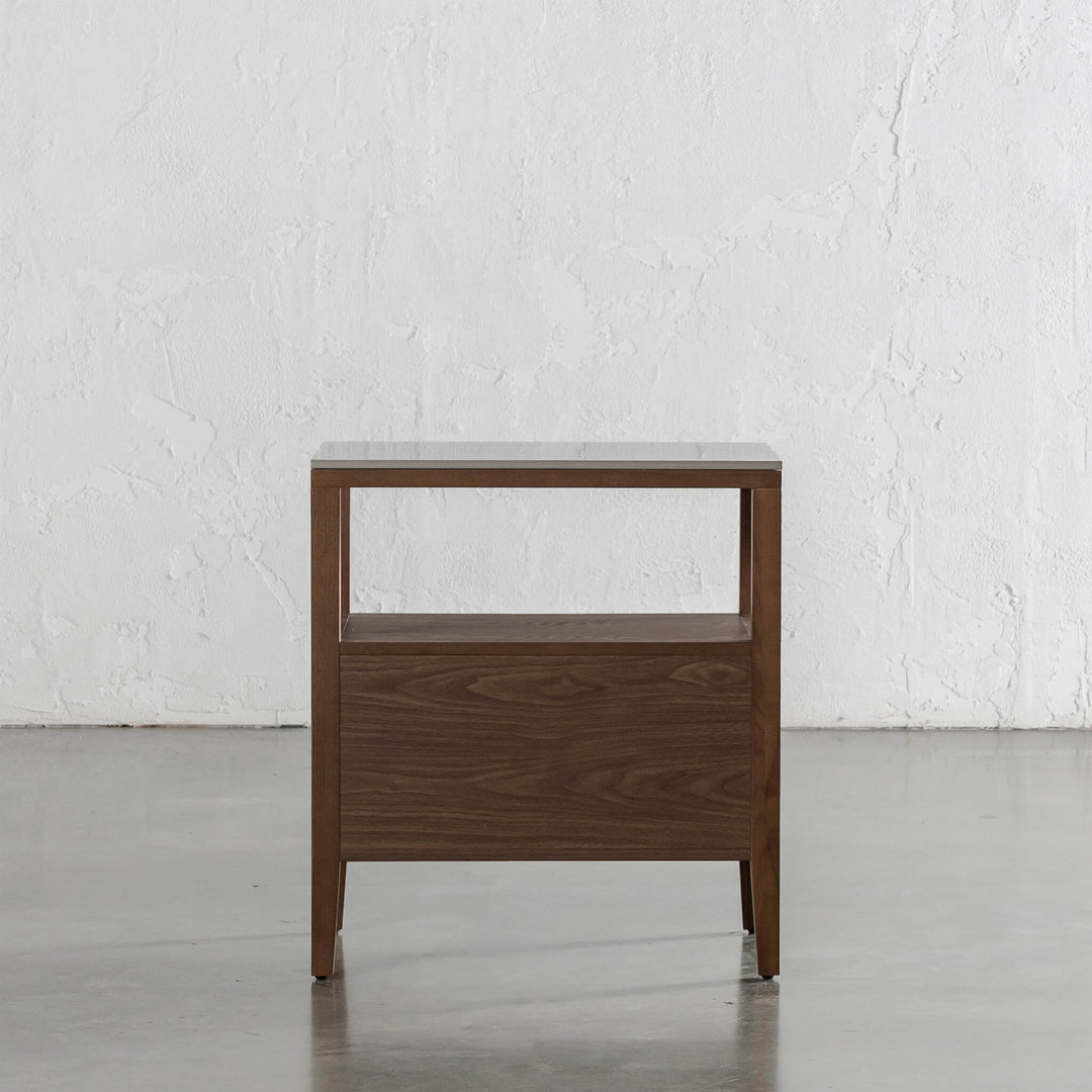 TREVELO PERNEL JARDIN NIGHT STAND  |  DEEP WALNUT WOOD GRAIN  |  VALENTINA GRIGIO CERAMICA TOP