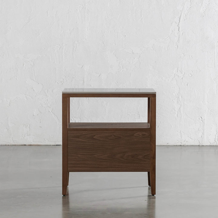 TREVELO PERNEL JARDIN NIGHT STAND  |  DEEP WALNUT WOOD GRAIN  |  VALENTINA GRIGIO CERAMICA TOP
