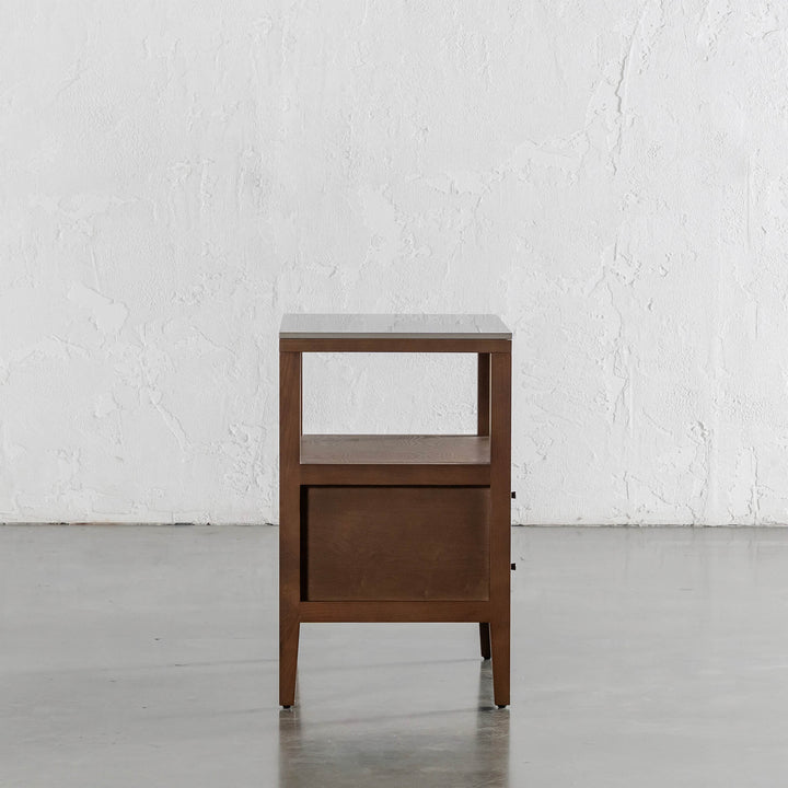 TREVELO PERNEL JARDIN NIGHT STAND  |  DEEP WALNUT WOOD GRAIN  |  VALENTINA GRIGIO CERAMICA TOP