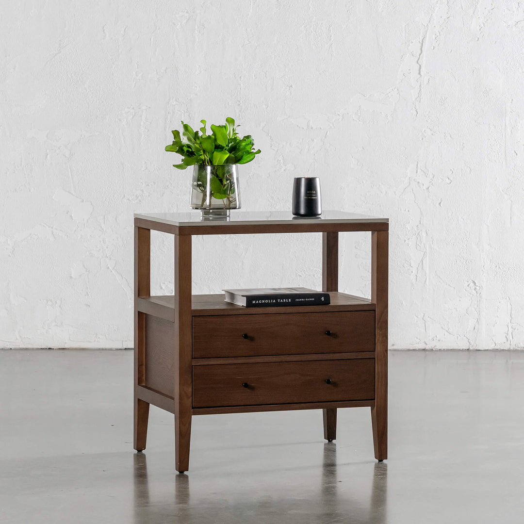 TREVELO PERNEL JARDIN NIGHT STAND  |  DEEP WALNUT WOOD GRAIN  |  VALENTINA GRIGIO CERAMICA TOP