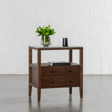 TREVELO PERNEL JARDIN NIGHT STAND  |  DEEP WALNUT WOOD GRAIN  |  VALENTINA GRIGIO CERAMICA TOP