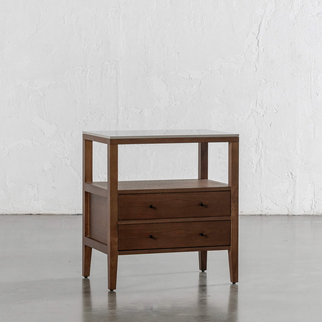 TREVELO PERNEL JARDIN NIGHT STAND  |  DEEP WALNUT WOOD GRAIN  |  VALENTINA GRIGIO CERAMICA TOP