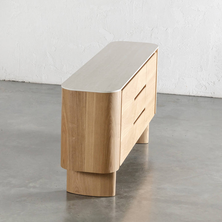 TREVELO SIDEBOARD  |  BIRCH ASH WOOD GRAIN  |  TRAVERTINE TUMBLED BEIGE CERAMICA TOP