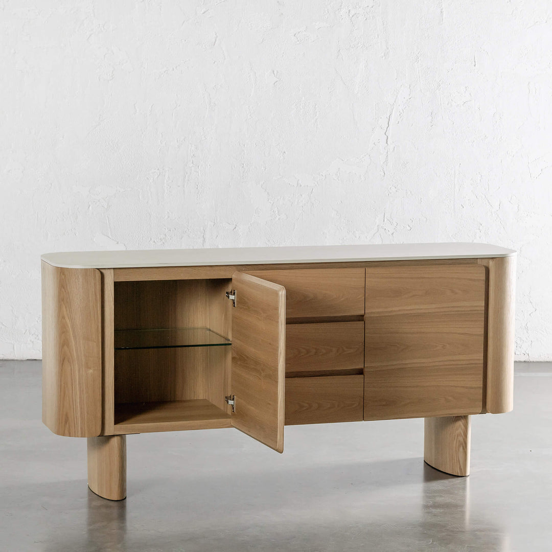 TREVELO SIDEBOARD  |  BIRCH ASH WOOD GRAIN  |  TRAVERTINE TUMBLED BEIGE CERAMICA TOP