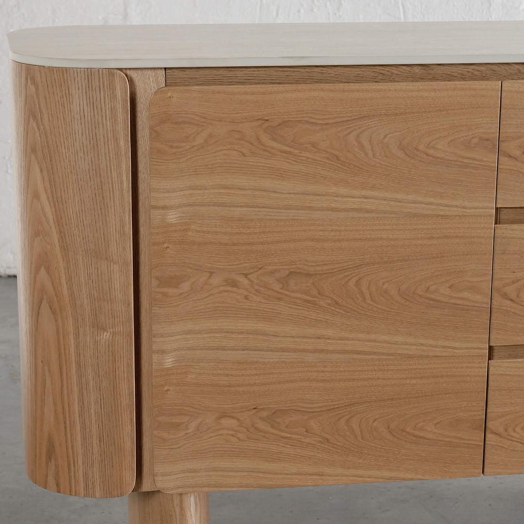 TREVELO SIDEBOARD  |  BIRCH ASH WOOD GRAIN  |  TRAVERTINE TUMBLED BEIGE CERAMICA TOP