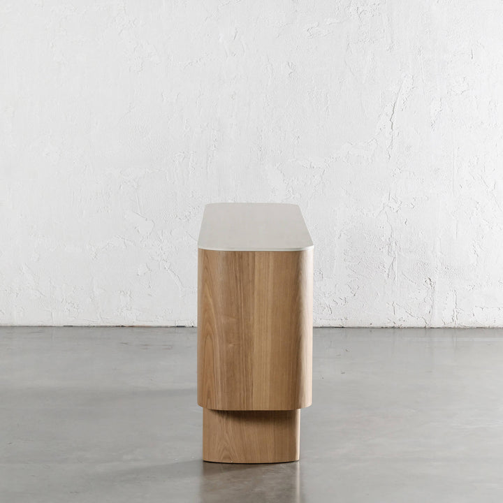 TREVELO SIDEBOARD  |  BIRCH ASH WOOD GRAIN  |  TRAVERTINE TUMBLED BEIGE CERAMICA TOP
