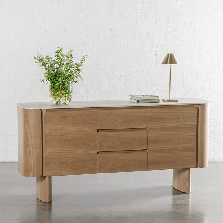 TREVELO SIDEBOARD  |  BIRCH ASH WOOD GRAIN  |  TRAVERTINE TUMBLED BEIGE CERAMICA TOP