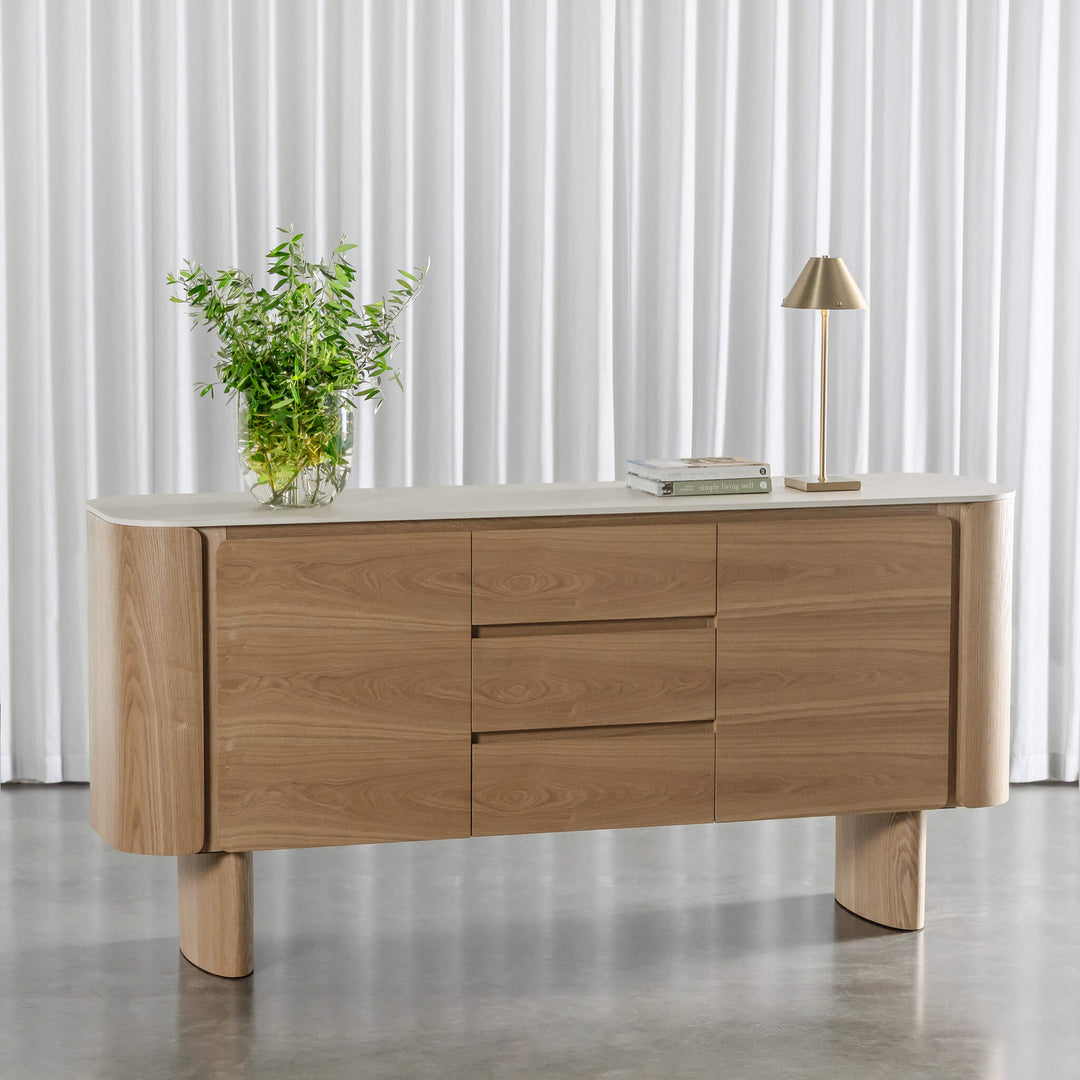 TREVELO SIDEBOARD  |  BIRCH ASH WOOD GRAIN  |  TRAVERTINE TUMBLED BEIGE CERAMICA TOP
