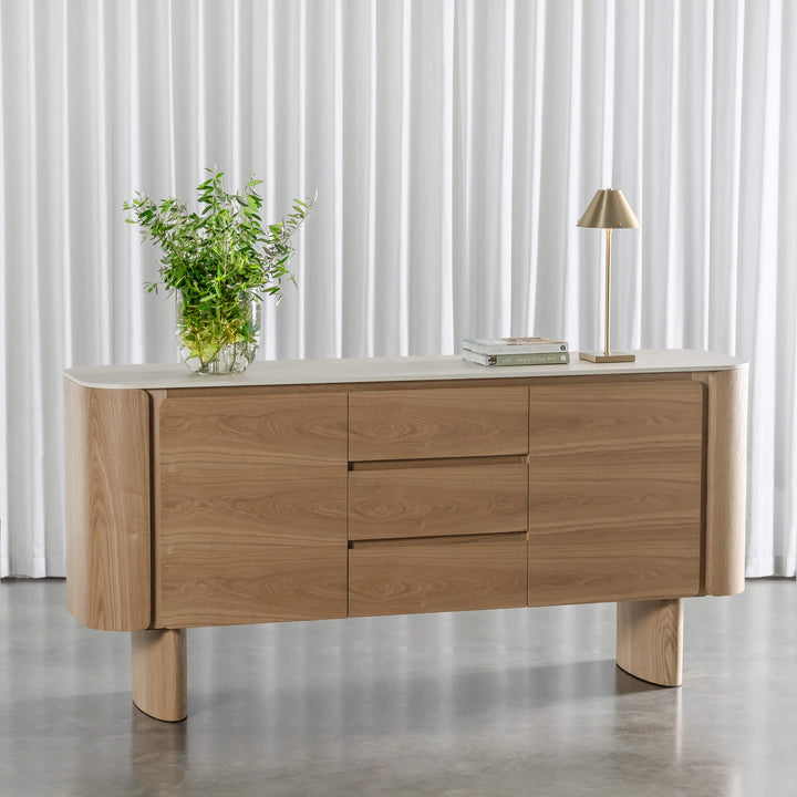 TREVELO SIDEBOARD  |  BIRCH ASH WOOD GRAIN  |  TRAVERTINE TUMBLED BEIGE CERAMICA TOP