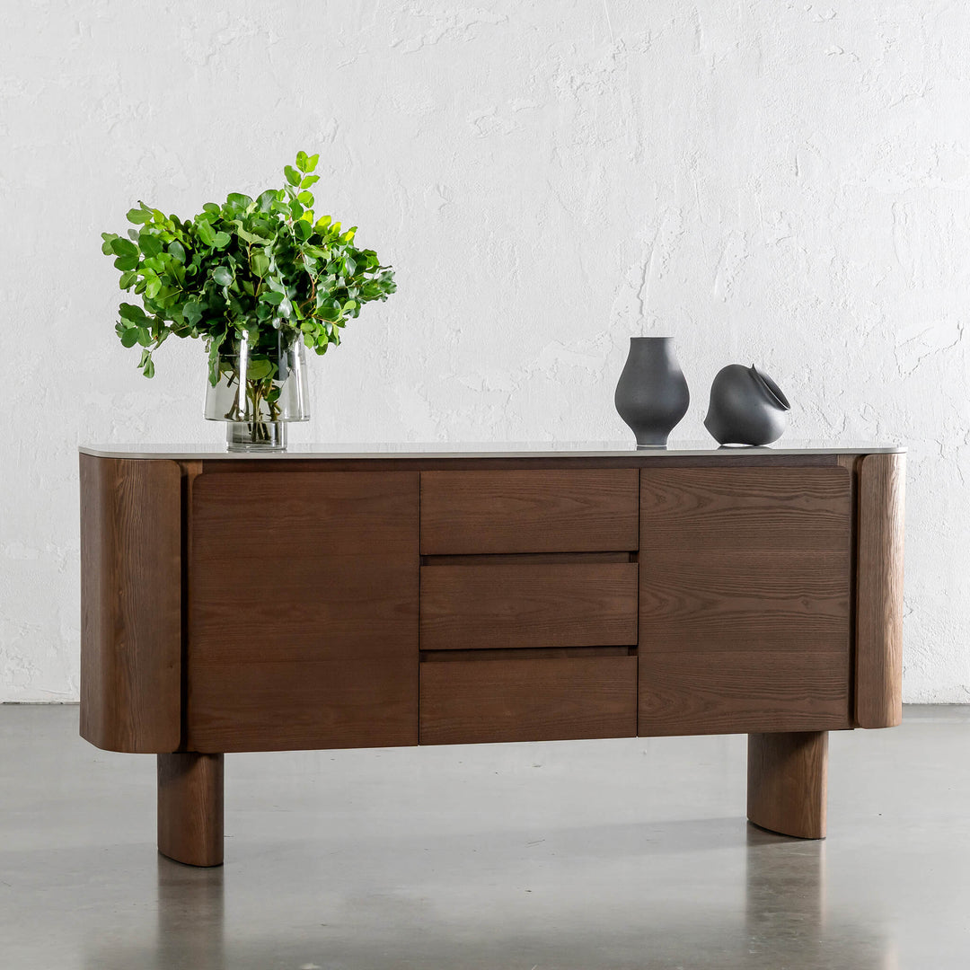 TREVELO SIDEBOARD  |  DEEP WALNUT WOOD GRAIN  |  VALENTINA GRIGIO CERAMICA TOP