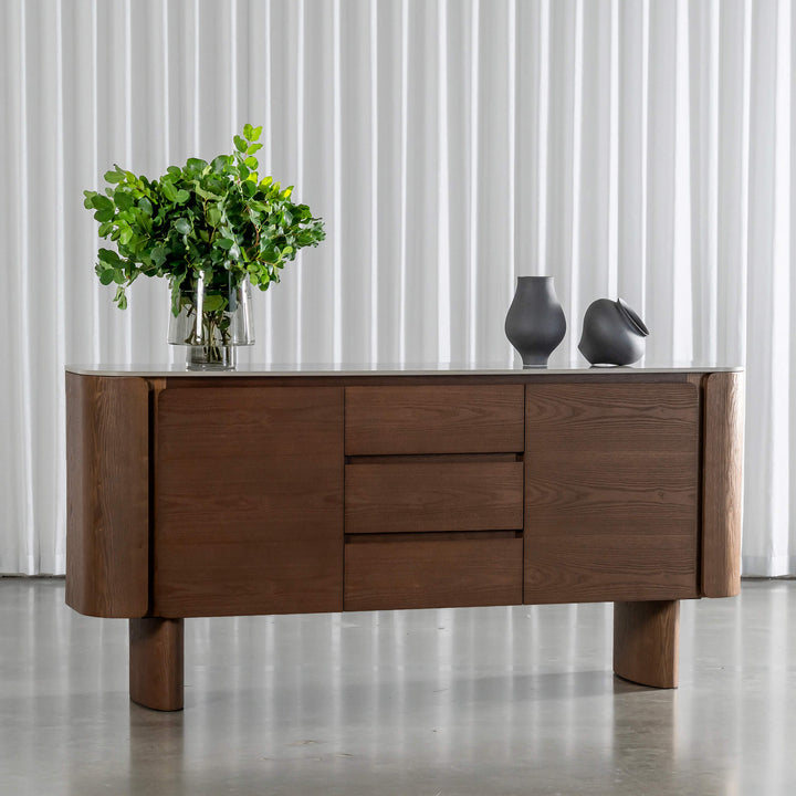 TREVELO SIDEBOARD  |  DEEP WALNUT WOOD GRAIN  |  VALENTINA GRIGIO CERAMICA TOP
